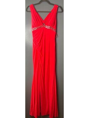 Hailey Logan Adrianna Papell Size 6 Coral Pink Prom Dress Slit Maxi Formal Gown